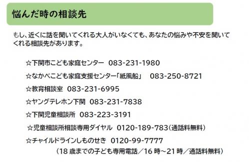 もし、近くに話を聞いてくれる大人がいなくても、あなたの悩みや不安を聞いてくれる相談先があります。  下関市こども家庭センター　083-231-1980 、なかべこども家庭支援センター「紙風船」083-250-8721 