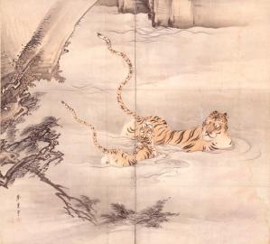 狩野芳崖《虎図》幕末～1875年頃、紙本墨画淡彩